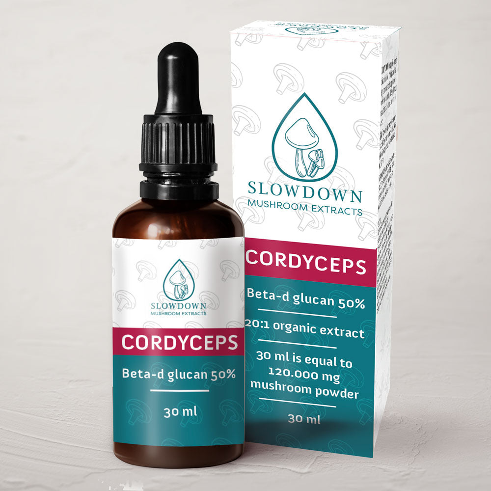Slowdown Cordyceps 30ml liquid extract bottle label 20:1 40% beta-d-glucan